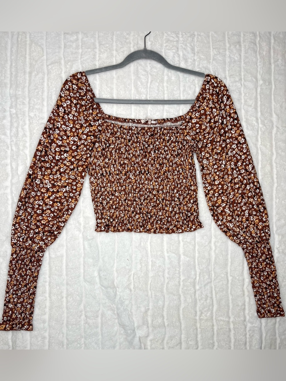 Mi Ami Floral Smocked Crop Top M Brown Long Sleeve Square Neck Puff Sleeve Boho
